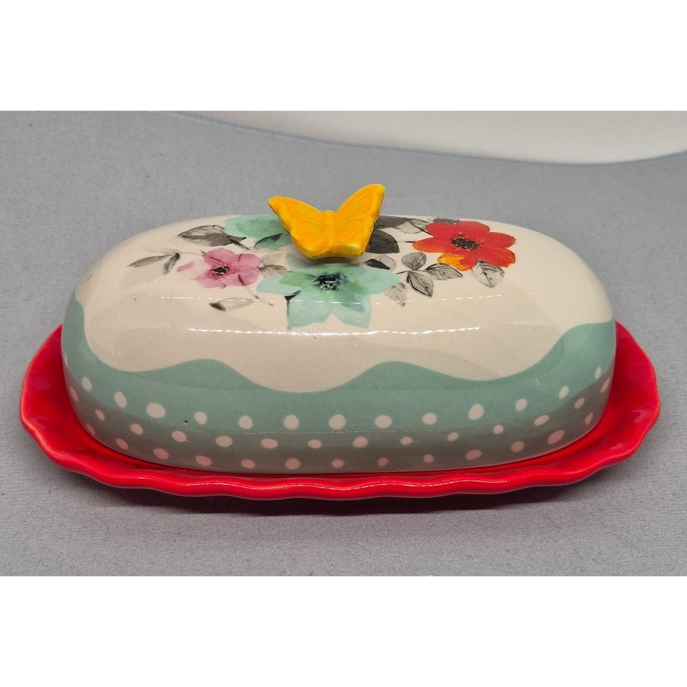 The Pioneer Woman Butter Dish Red Teal Floral Butterfly Ceramic
